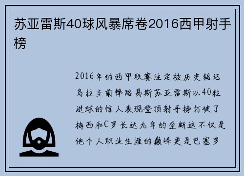 苏亚雷斯40球风暴席卷2016西甲射手榜