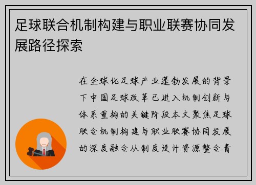 足球联合机制构建与职业联赛协同发展路径探索